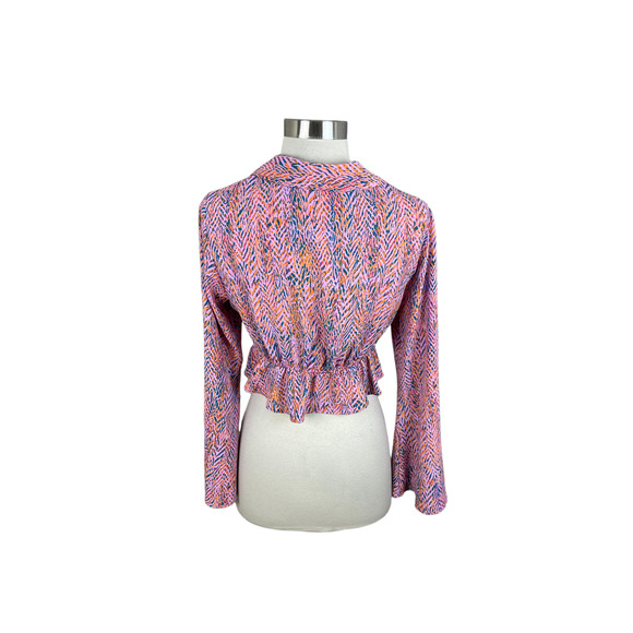 Zara NEW Orange Pink Green Printed Stripe Crop Blouse w/ Wooden Buckle Size S - Picture 3 of 4